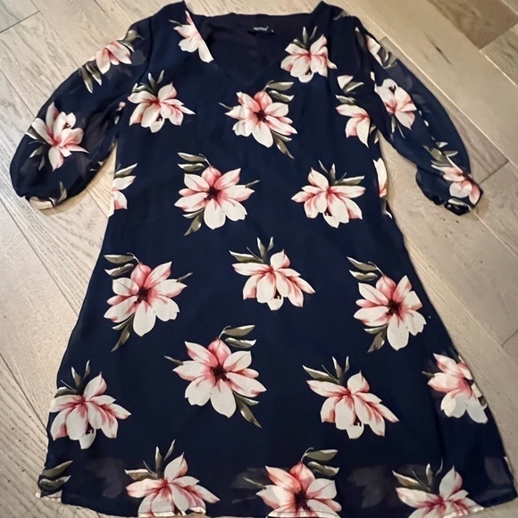 Dresses & Skirts - NAVY w/ white and pink floral pattern, v-neck, cold shoulder mini swing dress